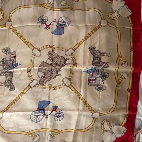 celine silk sq red tan carriage brand bridal print unisex - Picture 5 of 8